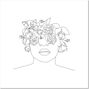 Art line flower pretty woman face with flowers   drawing Posters and Art